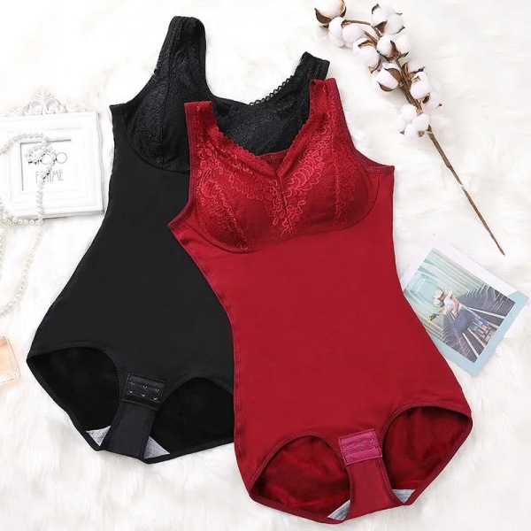 Plus Size Slimming Underkläder för kvinnor Vinter Plus Velvet Thermal Body Sexig Body Shaper med Push Up bröstdyna Shapewear Red XL