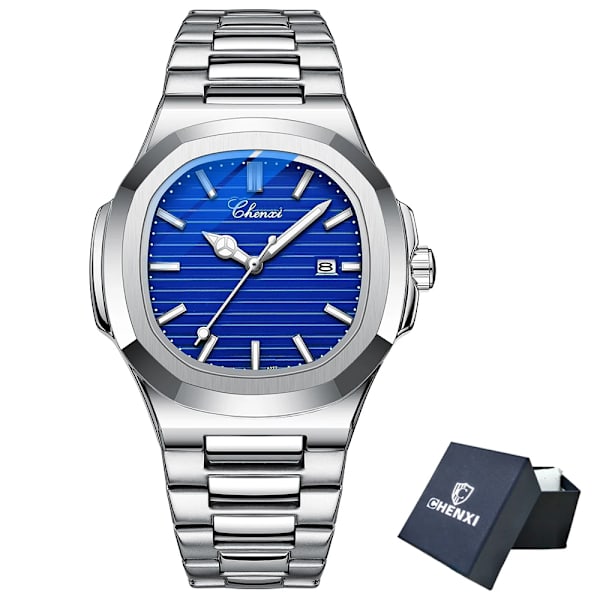 CHENXI 2023 Nya herrklockor Business Clock Top Lyxmärke Quartz Watch Rostfritt stål Vattentät självlysande armbandsur Silver Blue Box