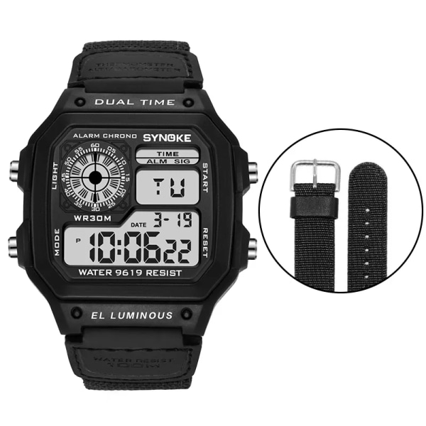 Reloj Deportivo Digital Herrklockor Herr 5BAR Vattentät Watch Sport Armbandsur i rostfritt stål Relojes Deportivos Zegarek Nylon-black