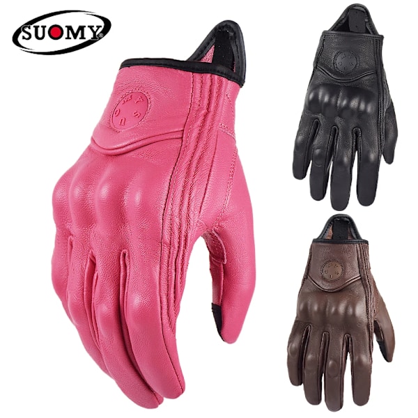 Suomy Vinatge Getläder Motorcykelhandskar Sommar Herr Perforerade Retro Läder Motorcykel Motocross Handske Dam Motorcyklist Guantes SU33  Red XL