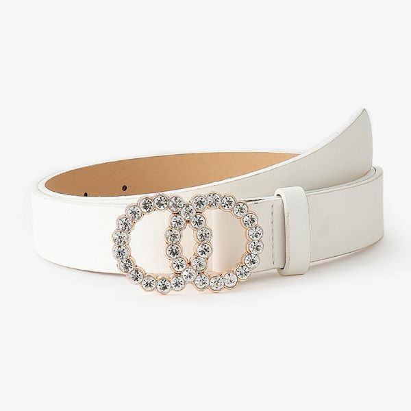 D&T 2021 New Fashion Bälte Dam Två Cirkel Diamant Dekorera Spänne PU Läder Material Bälte Kvinna Casual Style Elegant midja white 105CM