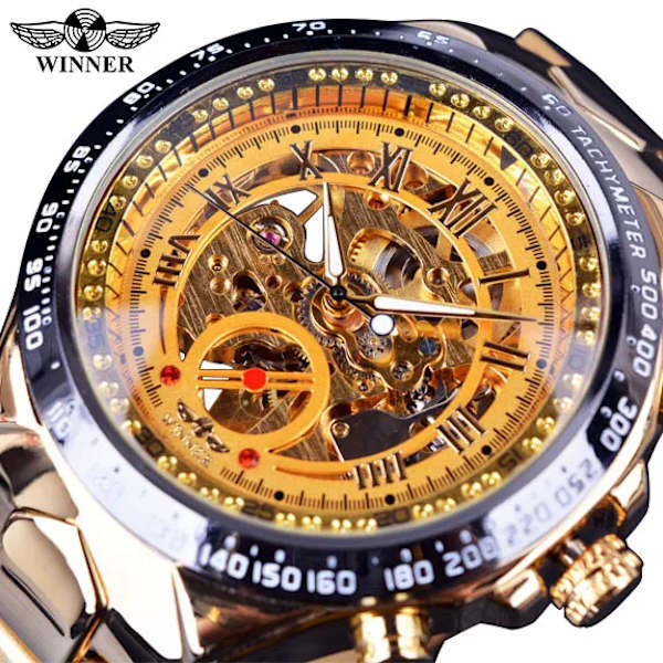 Vinnare Mekanisk Sport Design Bezel Mode Watch Herrklockor Toppmärke Lyx Montre Homme Klocka Herr Automatisk Watch Golden