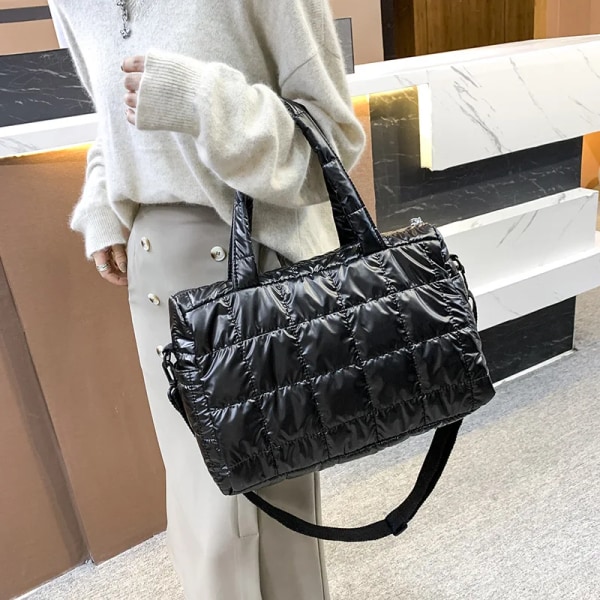 Vinterutrymme bomullshandväska kvinnlig Axelväska med stor kapacitet Lyxig glänsande nylon tygväska Vinter Ny Crossbody-väska Tygväskor champagne-1 as detailpage