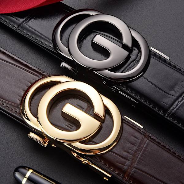 MircaynPOLO Herr Krokodilmönster Bälte Herr Lyx Automatisk Zinklegeringsspänne Märke Kohud Läderbälten GG manlig midjeband EG-Gold-Black 100cm