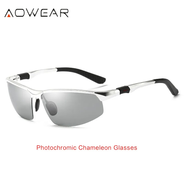 AOWEAR Photochromic Solglasögon Män Polariserade Day Night Driving Glasögon Högkvalitativa aluminium bågar kameleontglasögon Gafas C1 Silver Original