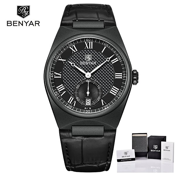 BENYAR Herrklockor Retro Dial Quartz Watch For Herr Lyx 40MM Militärläder Originalklockor Vattentät klocka Reloj Hombre Black