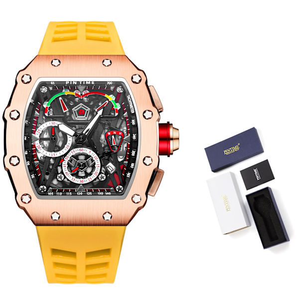 PINTIME Kampanj Rea Män Mode Sport Watch Kronograf Funktion Stoppur Röd gummirem Auto Date Man Lyx Armbandsur 10 with box