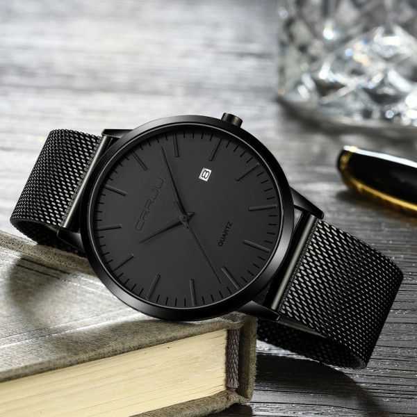 CRRJU Mode Watch Ultratunn kvartsklocka Herr Casual Slim Mesh Stål Vattentät Watch Svart Relogio Masculino BK blue silver