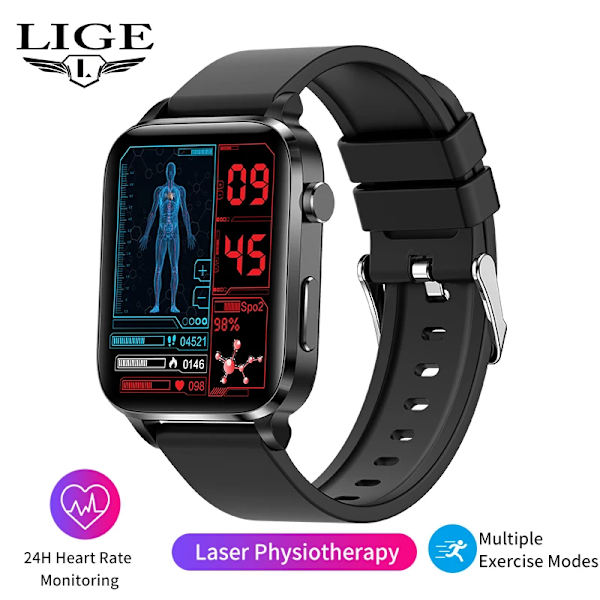 LIGE SmartWatch Män Laserassisterad terapi Tre hög puls Blodsocker Hälsa Smartwatch Sömn Kroppstemperaturövervakning black