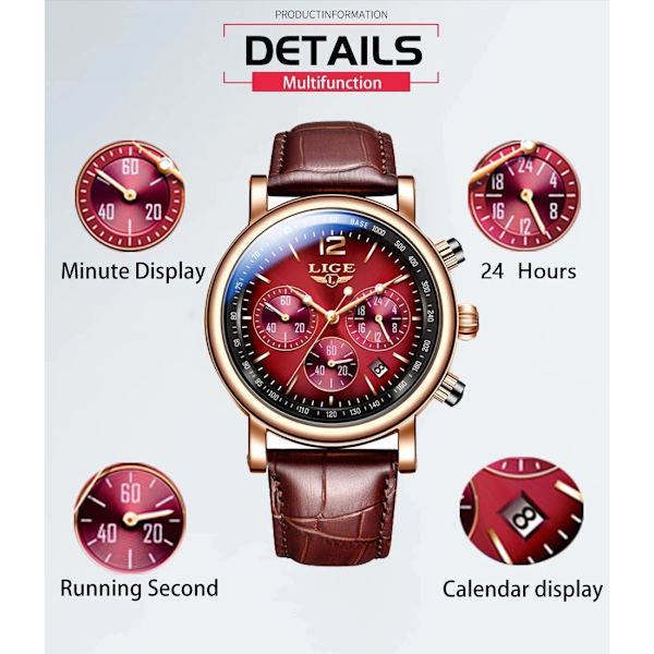 LIGE Watch Kvinnor Casual Damklockor Toppmärke Lyx Watch Läder Vattentät Quartz Armbandsur Damklockor Reloj+box Red(.242)