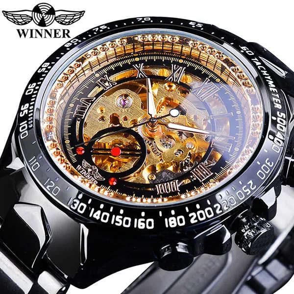 Vinnare Mekanisk Sport Design Bezel Mode Watch Herrklockor Toppmärke Lyx Montre Homme Klocka Herr Automatisk Watch Golden Black