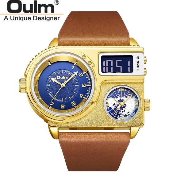 Oulm 5026 New Dual Display Två tidszon Watch Man Big Dial Quartz Clock Timmar Herr Armbandsur i äkta läder gold blue