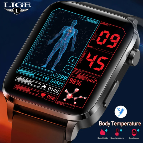 LIGE SmartWatch Män Laserassisterad terapi Tre hög puls Blodsocker Hälsa Smartwatch Sömn Kroppstemperaturövervakning Mesh belt black