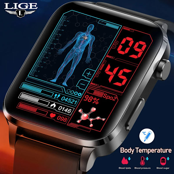 LIGE SmartWatch Män Laserassisterad terapi Tre hög puls Blodsocker Hälsa Smartwatch Sömn Kroppstemperaturövervakning red