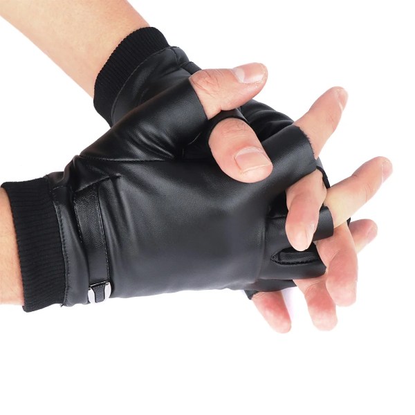 2022 Kvinnor Svart PU Läder Fingerless Handskar Solid Hona Knapp Varm Halvfinger Körning Män motor Punk Handskar Tjocka Guantes Black