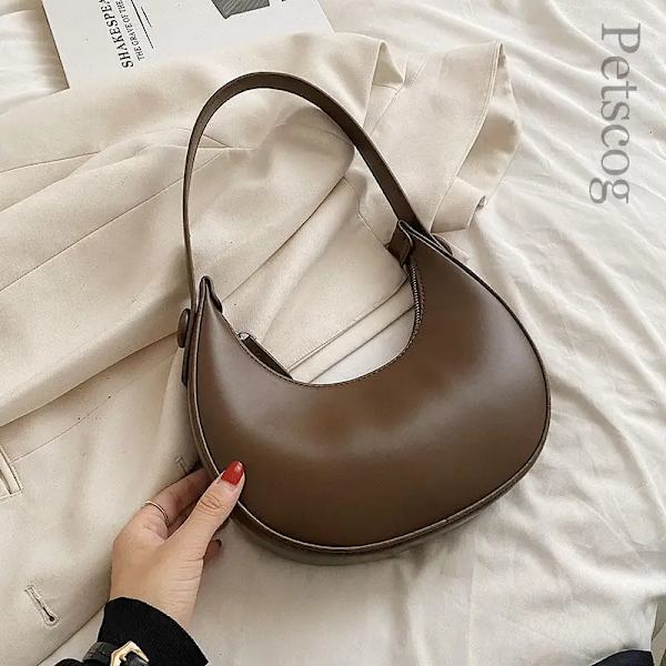 Mode Vita Axelväskor För Kvinnor Pu Läder Enfärgad Half Moon Crossbody Bag Designer Dam Handväskor Dam Underarmsväskor Coffee (20cmMax Length30cm)