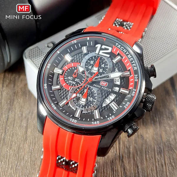 MINI FOCUS Röd watch för män Mode Lyx Chronograph Quartz Armbandsur med silikonband Lysande visare Datum Vattentät 0350 0350Rose black