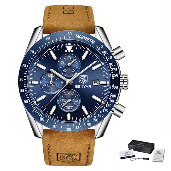 BENYAR Märklockor Märke Lyx Silikonrem Vattentät Sport Kvarts Kronograf Watch Herrklocka Relogio Masculino L Brown Silver Blue