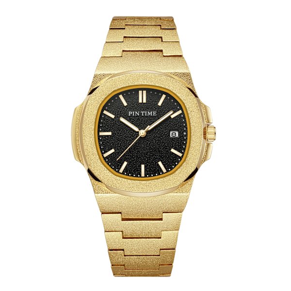 PINTIME Nytt mode för män Casual PP watch Frostat case Quartz Urtavla Klockor Lyxdesign Män Sport Armbandsur Present med låda gold with blackA