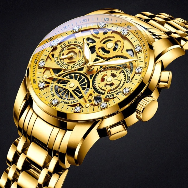 Svänghjul Roterande fönster Herrklockor Lyx Mode Lysande Date Herr Watch Vattentät Manklocka Relogio Reloj Hombre Gold with Box