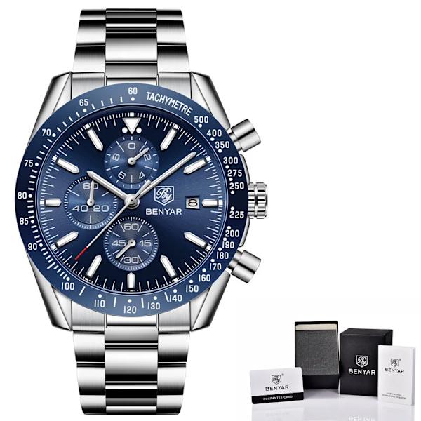 BENYAR 2021 Ny watch Business helstål kvarts Toppmärke Lyx Casual Vattentät Sport Man Armbandsur Relogio Masculino Steel Silver Blue B