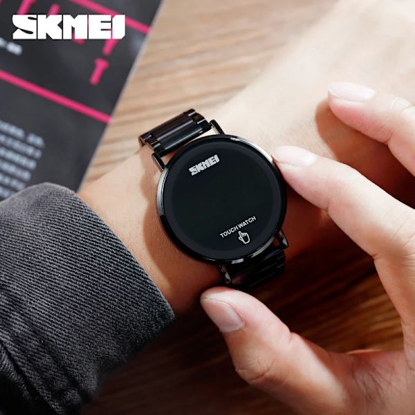 SKMEI 1550 manlig pekskärm LED-ljusdisplay 3bar vattentät band i rostfritt stål montre homme Mode män Digital watch silver