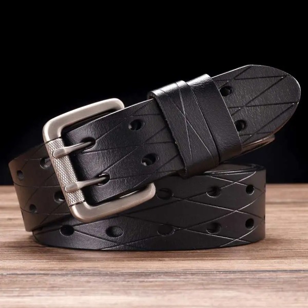 Läder, dubbelstift för män, klassiskt nålsspänne, universal , ihåligt midjeband NYTT Bredd: 3,8 cm black 125cm