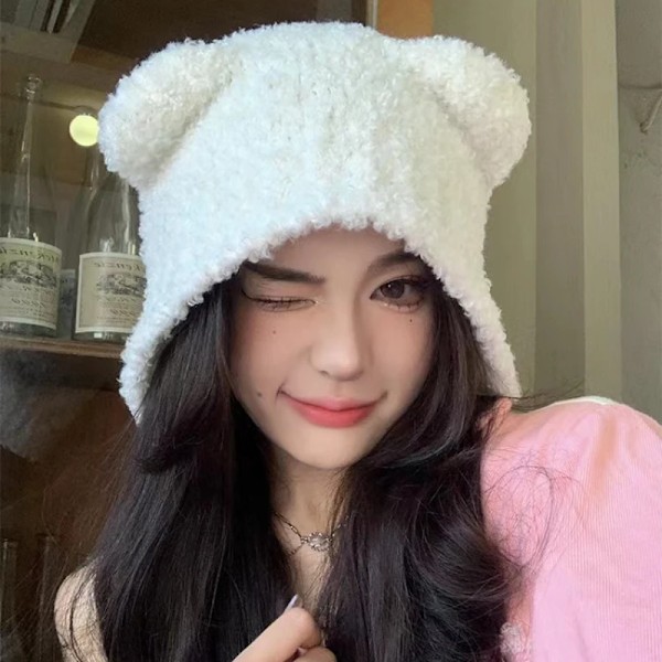 Nya Öron Höst Vinter Beanies Söta Säkerhetsbjörnar Hatt För Kvinnor Varm Tjock Lamb Fleece Resehätt Pullover Utomhus Dammössa Red Adult average size