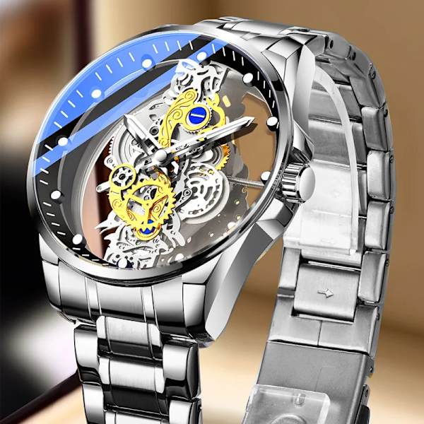 Armbandsur Double Hollow Automatisk Machine Rostfritt Stål Watch Icke-mekanisk Quartz Movement Tourbillon Watch for Herr silver