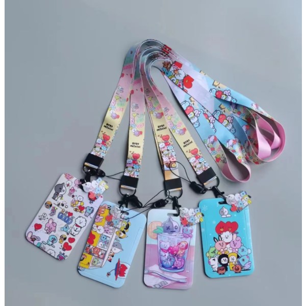 1 set Bt21Card Hållare Kawaii Anime Badge Anti-Lost Lanyard Student måltidskort Skyddsärm Busskort Måltidskort hänge BT-18