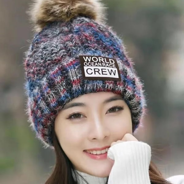 Vintermössor för Kvinnor Tjockare Beanie Stickade Mössor Äldre Höst Beanie Chenille Boll Mössor Fleecefodrade Varma Bonnet Casual Mössa Black Beanie Cap Free Size(55-59cm)