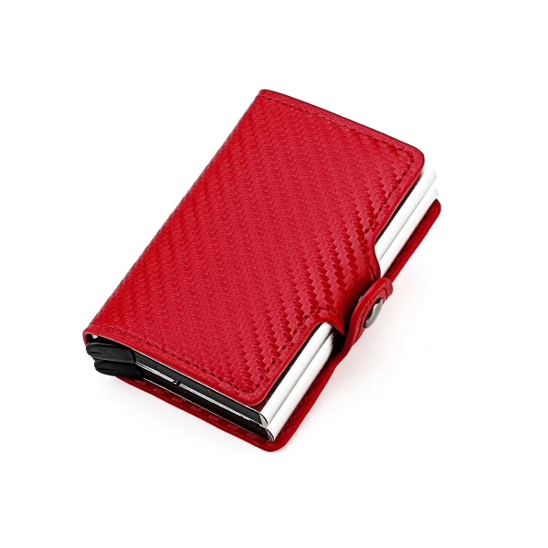 RFID blockerande dubbelbox metall kreditkortshållare för män kvinnor kolfiber läder mini plånbok herr korthållare pengar klämma red(.2199)