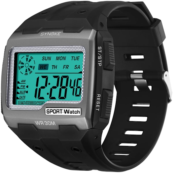 SYNOKE Digitala klockor för män Utomhussport Mode Multi Vattentät Stor urtavla Lysande armbandsur Väckarklockor män Black