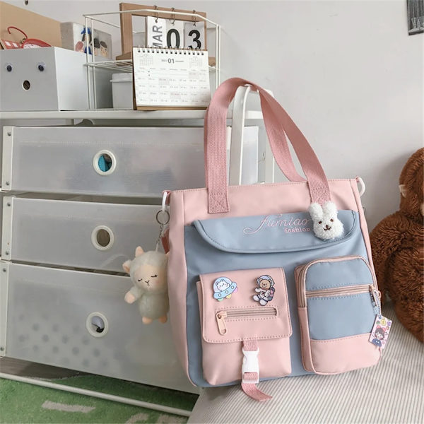 Söta tygväskor med stor kapacitet Trendig nylon lapptäcke skolboksväska för tonårsflickor Modestudent Crossbody Sac Pink Only bag