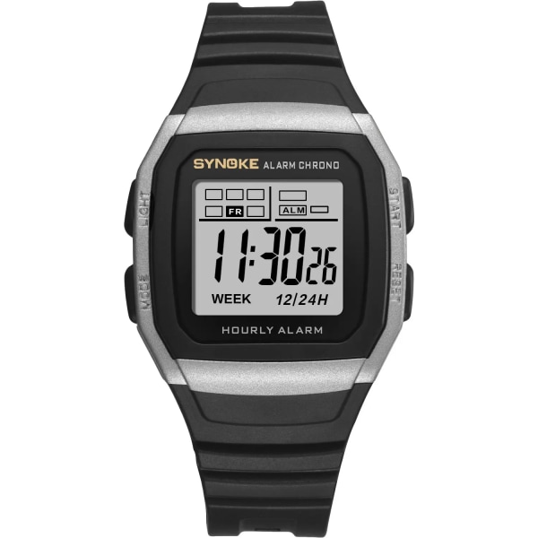 SYNOKE Män Digitala Sportklockor LED Display Timer 12/24 timmar Digital Elektronisk Armbandsur Vattentät Klocka Reloj Hombre 9023 Silver