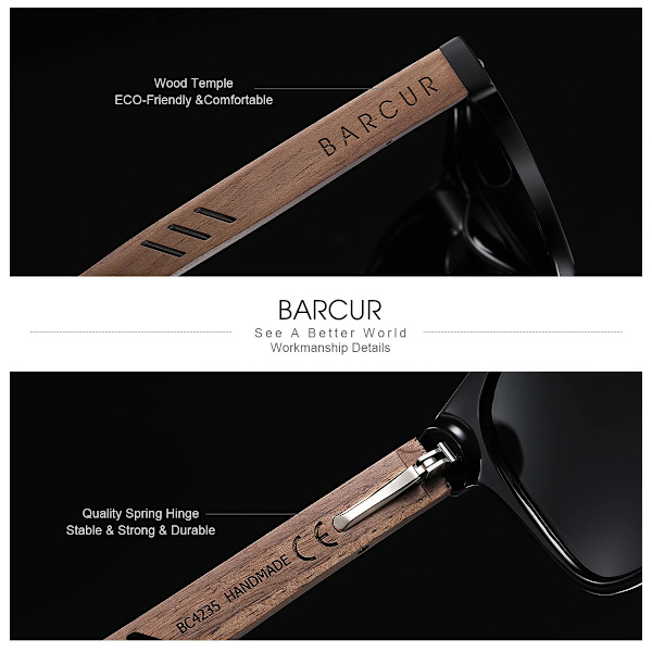 BARCUR Black Walnut Solglasögon för män Trä Solglasögon Man Glasögon Polariserande glasögon UVA&B Skyddsglasögon ECO-Friendly Gloss Black BARCUR Polarized