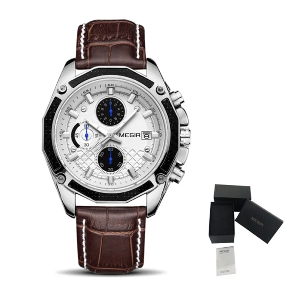 MEGIR Officiell kvarts klockor för män i äkta läder Sport Racing Män Studenter Game Run Chronograph Watch Man Glow Hands White