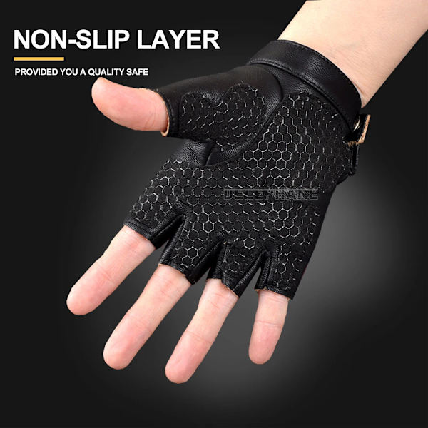 Sommar tunna PU-läderhandskar för män Kvinnor Halkfria Fingerless Mode Handhandskar Svarta Motorcykelhandskar Arbetskörning Airsoft Black M