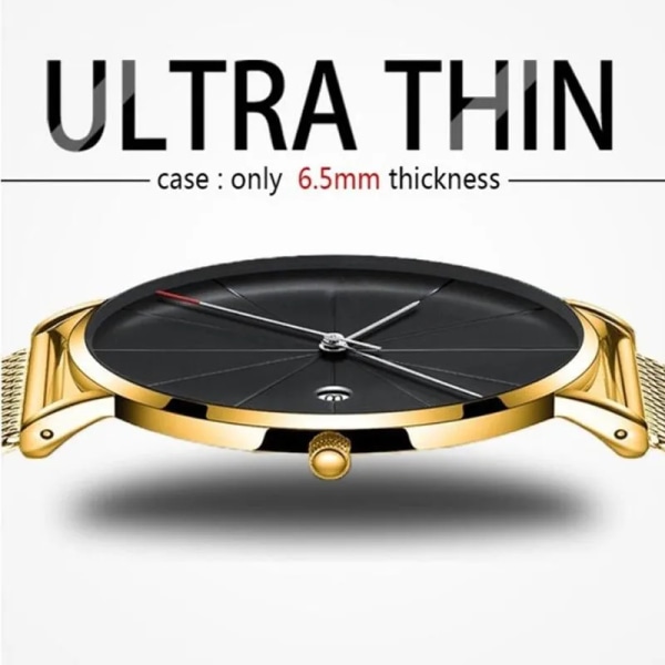 2019 Luxury Business Herrklockor Herr Guldklockor Ultratunna Herrklockor Rostfritt stål Mesh Bälte Quartz Watch horloge mannen 031297goldblack