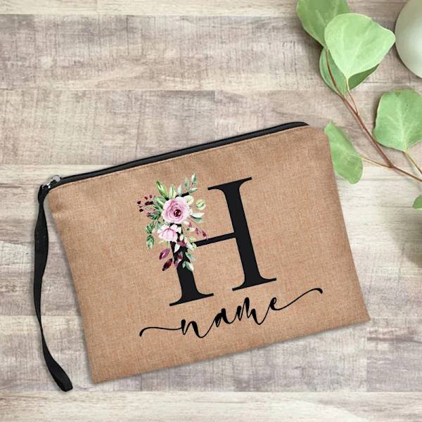 Personligt namn Kvinnor Sminkväska Alfabet Blommor Canvas Kosmetiska fodral Handväska Utomhusfest Bröllopspresenter Kawaii Makeup D4blackfH