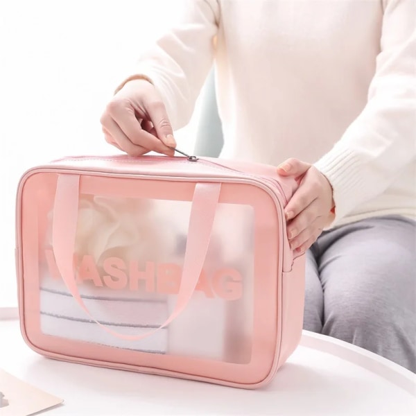 FUDEAM Transparent PVC kosmetisk väska för kvinnor Vattentät resor Toalettartiklar Förvaring Organisera PU sminkväska Kvinnlig tvättväska Handväska Semicircle Pink A