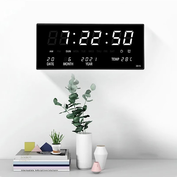 Lysande Digital Väggklocka Alarm Timvis Ringsignal Temperatur Datum Kalender Bordsklocka Elektronisk LED-klocka Dekoration Med Kontakt Blue