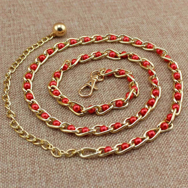 Modeimitation Pearl Beads Tunn midjekedja Bälte Dam Midjeband Klänning Tillbehör 3 färger Red 115CM