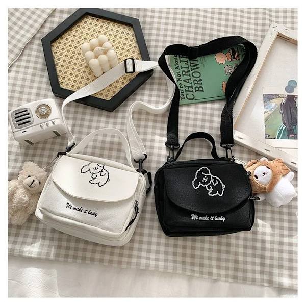 Japansk Söt Mjuk Söt Hund Canvas Liten Väska Koreansk Liten Fresh Girl Messenger Bag Plånböcker och handväskor Handväskor Damväskor white