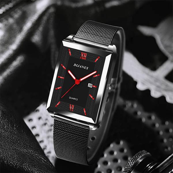 Mode Herr Affärsklockor Herr rektangel i rostfritt stål Mesh -bälte Quartz Watch Man Casual Watch Mesh Black Red