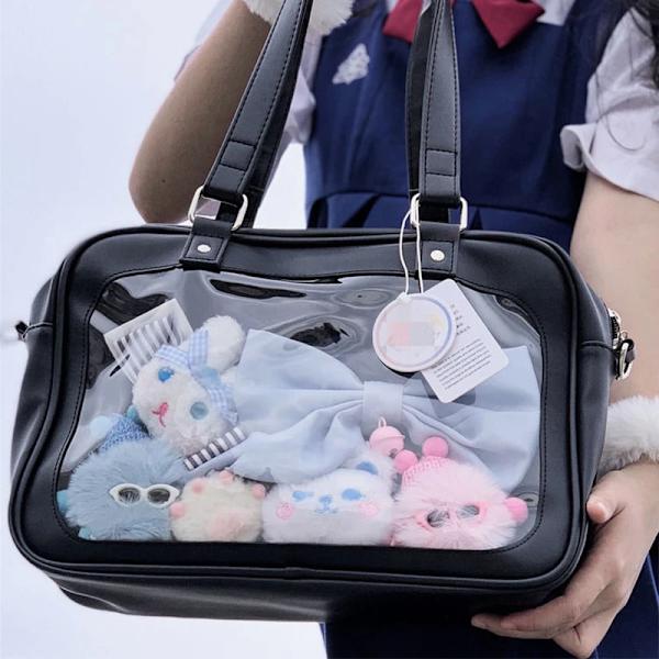 HAEX Harajuku Lolita Girls Ita-väskor Japanska JK-uniform Se Through Large Capacity PU Mode Casual Studenter Axelväskor White 32x23x9cm
