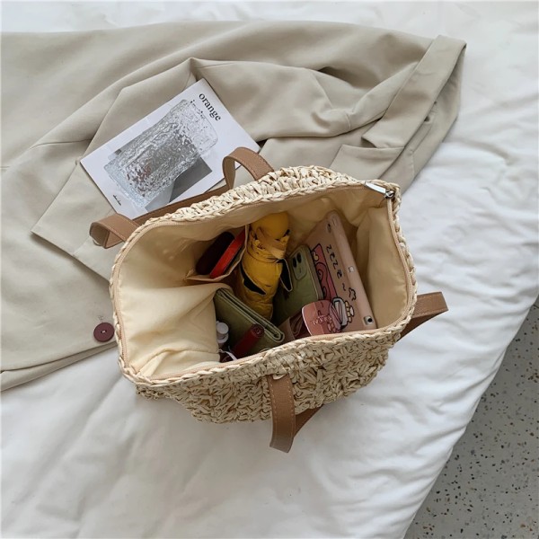 Sommarmode Halmvävda underarmsaxelväskor för kvinnor Casual Stor kapacitet Bohemian Beach Kvinnlig Shopping Handväska Toes beige AddRibbon 38x2x30cm