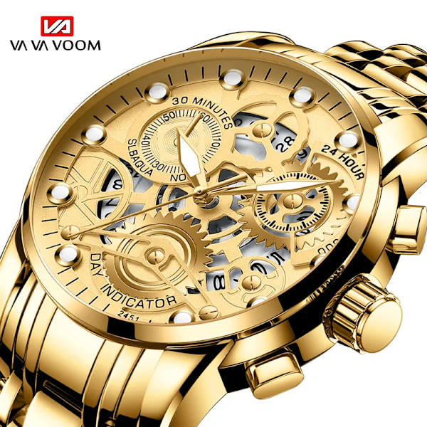 Watch för män Skelettdesign Mode Mekanisk stil i rostfritt stål Quartz rörelsekalender Vattentät Armbandsur för män 2451YH