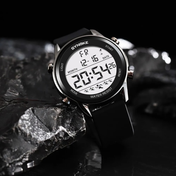 SYNOKE Men Outdoor Sports Multifunktionell Vattentät storskärmsskärm Lysande LED Digital För Män Mode Silicon Watch black