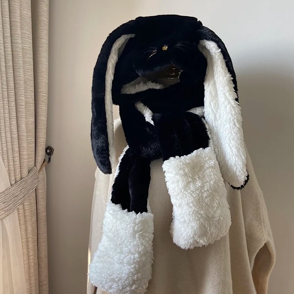 Öronlappsmössa Kvinna Söt Stor Öra Kaninhatt Bib Vinter Varm Mjuk Tjockning Fickmössor Huvad Mode Halsduk Hatt Handske Kaninhatt black 56-58cm